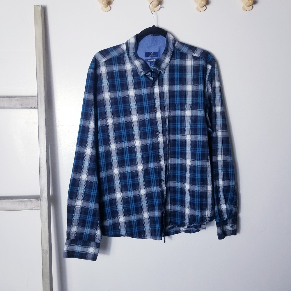 GEORGE MEN'S BLUE AND WHITE BUTTON DOWN DRESS SHIRT SIZE XL
